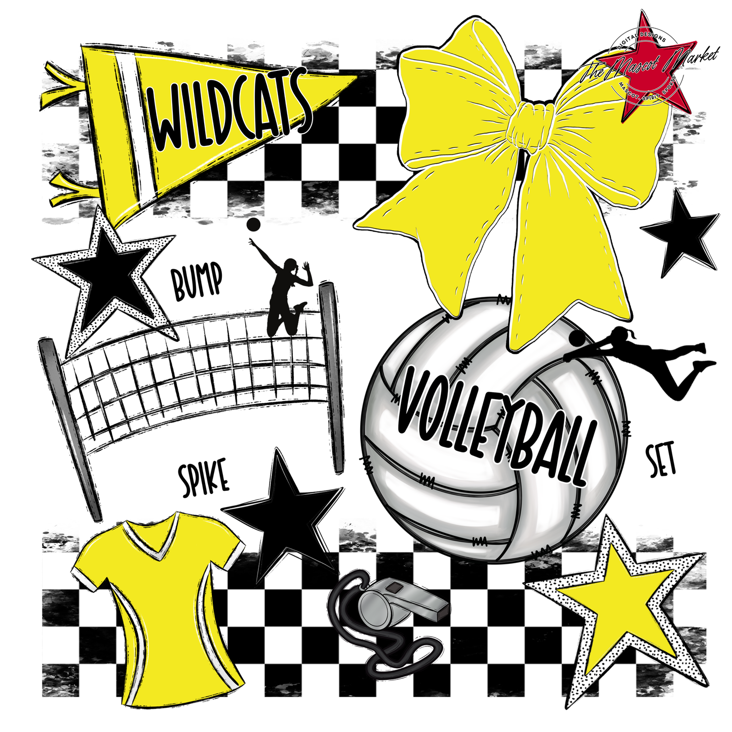 Wildcats Checkers Volleyball Spirit Design-Bright Yellow