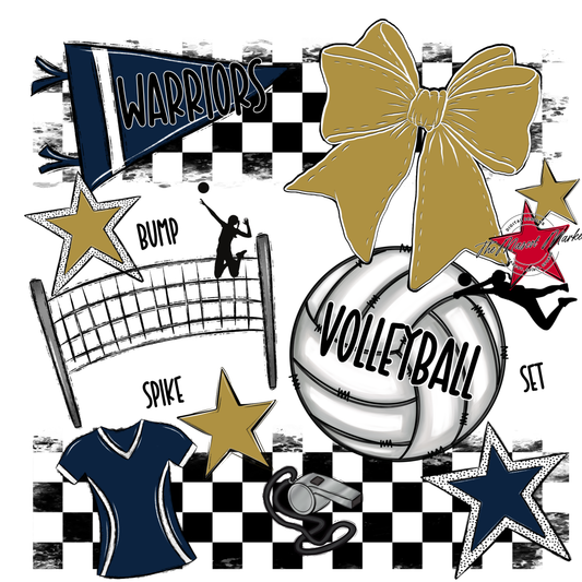 Warriors Checkers Volleyball Spirit Design-Navy-Gold