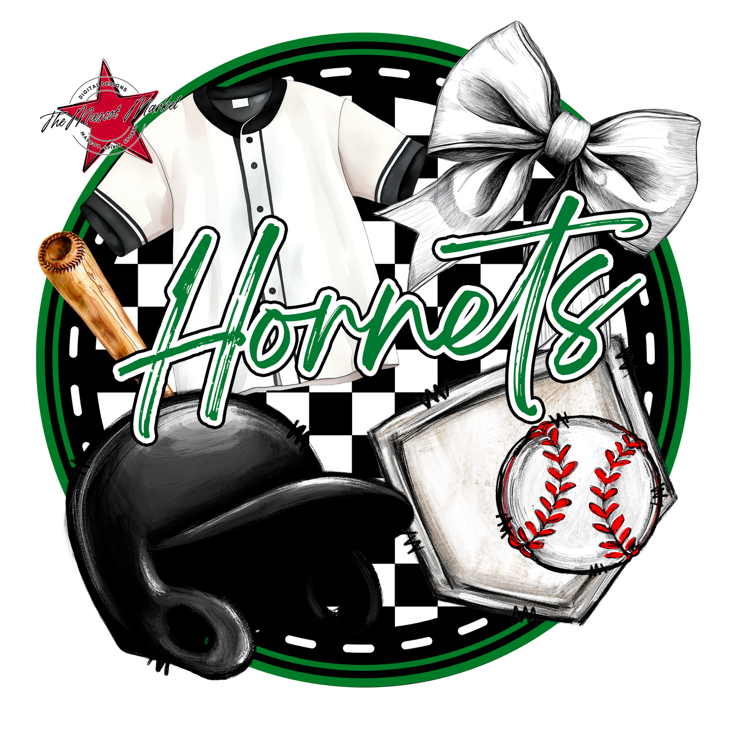 Hornets Circle Baseball Design-Kelly Green