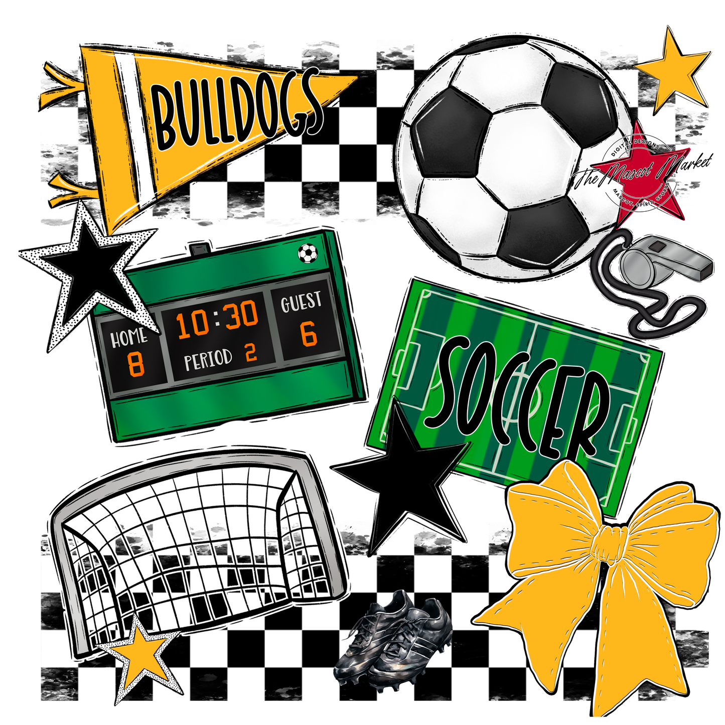 Bulldogs Checkers Soccer Spirit Design-Yellow