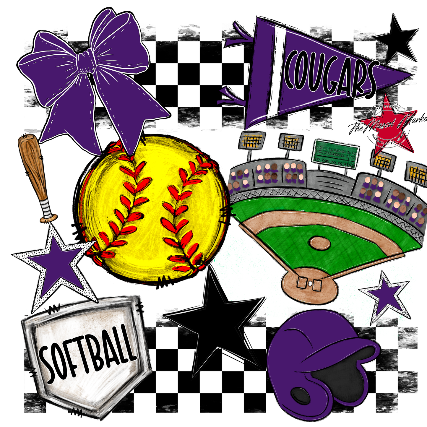 Cougars Checkers Softball Spirit Design-Purple