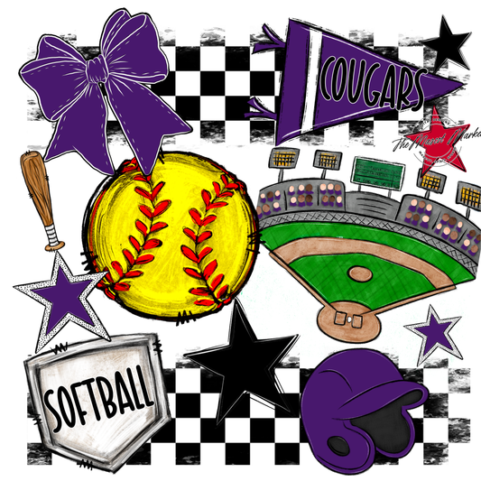 Cougars Checkers Softball Spirit Design-Purple