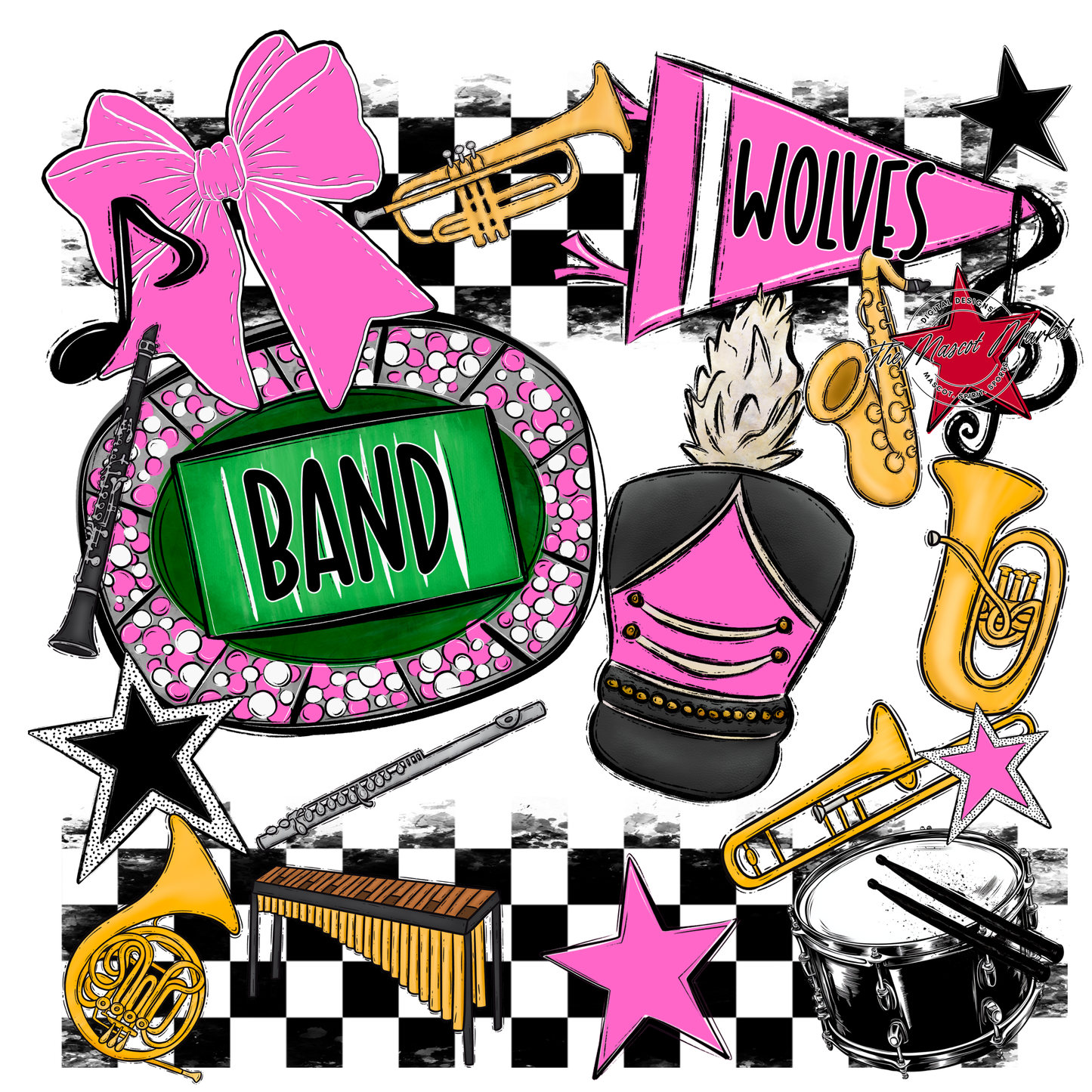 Wolves Checkers Band Spirit Design-Baby Pink