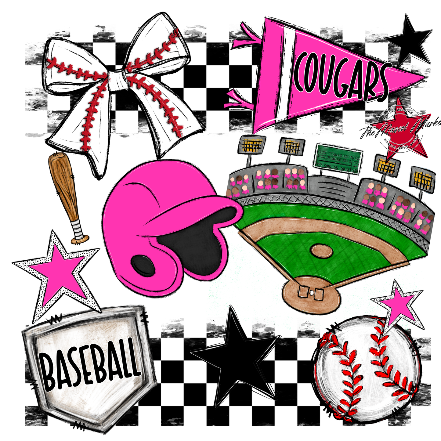 Cougars Checkers Baseball Spirit Design-Pink