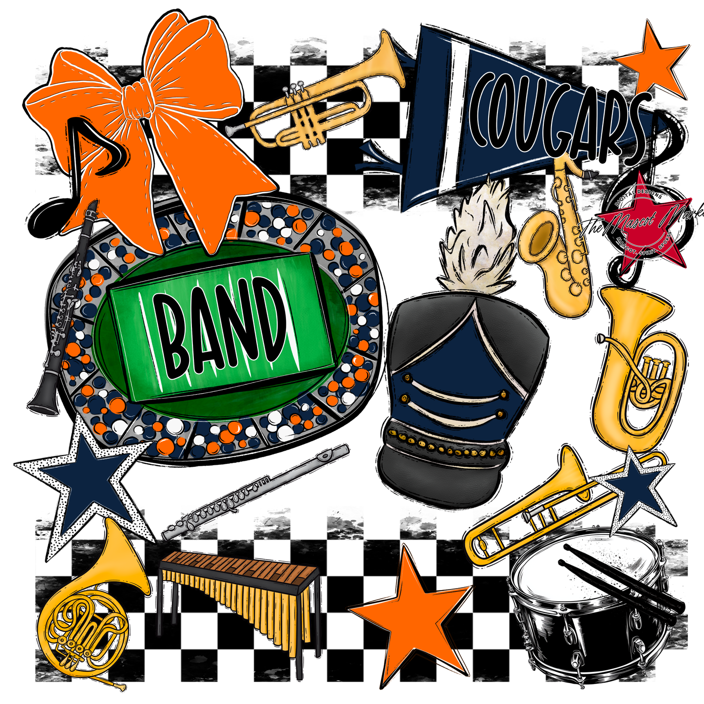 Cougars Checkers Band Spirit Design-Navy-Orange