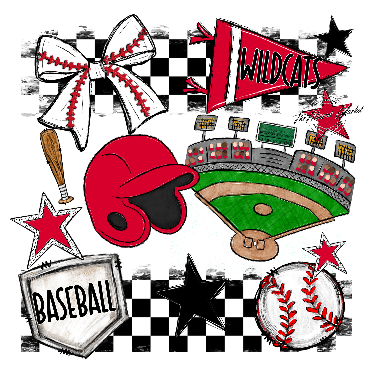Wildcats Checkers Baseball Spirit Design-Red