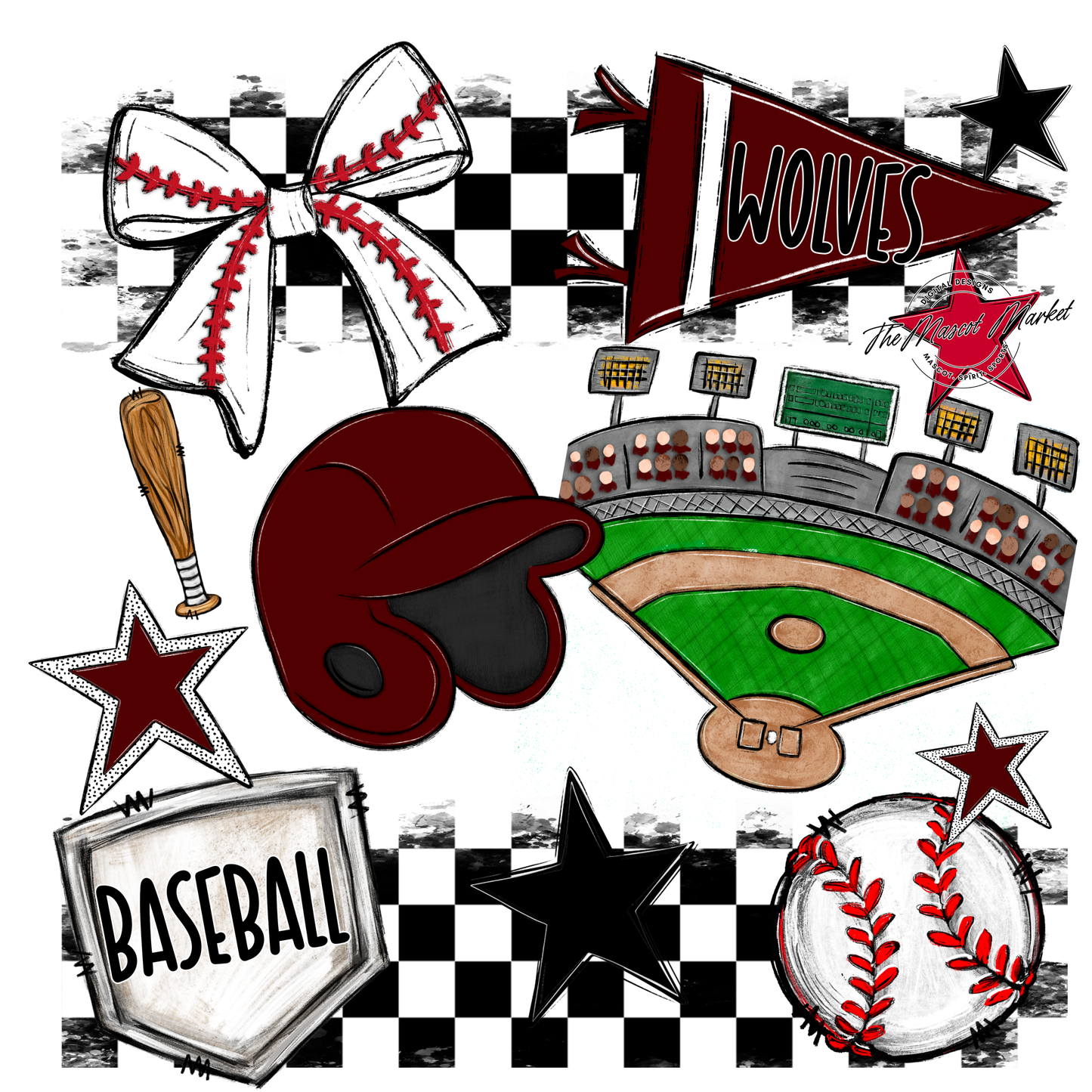 Wolves Checkers Baseball Spirit Design-Maroon