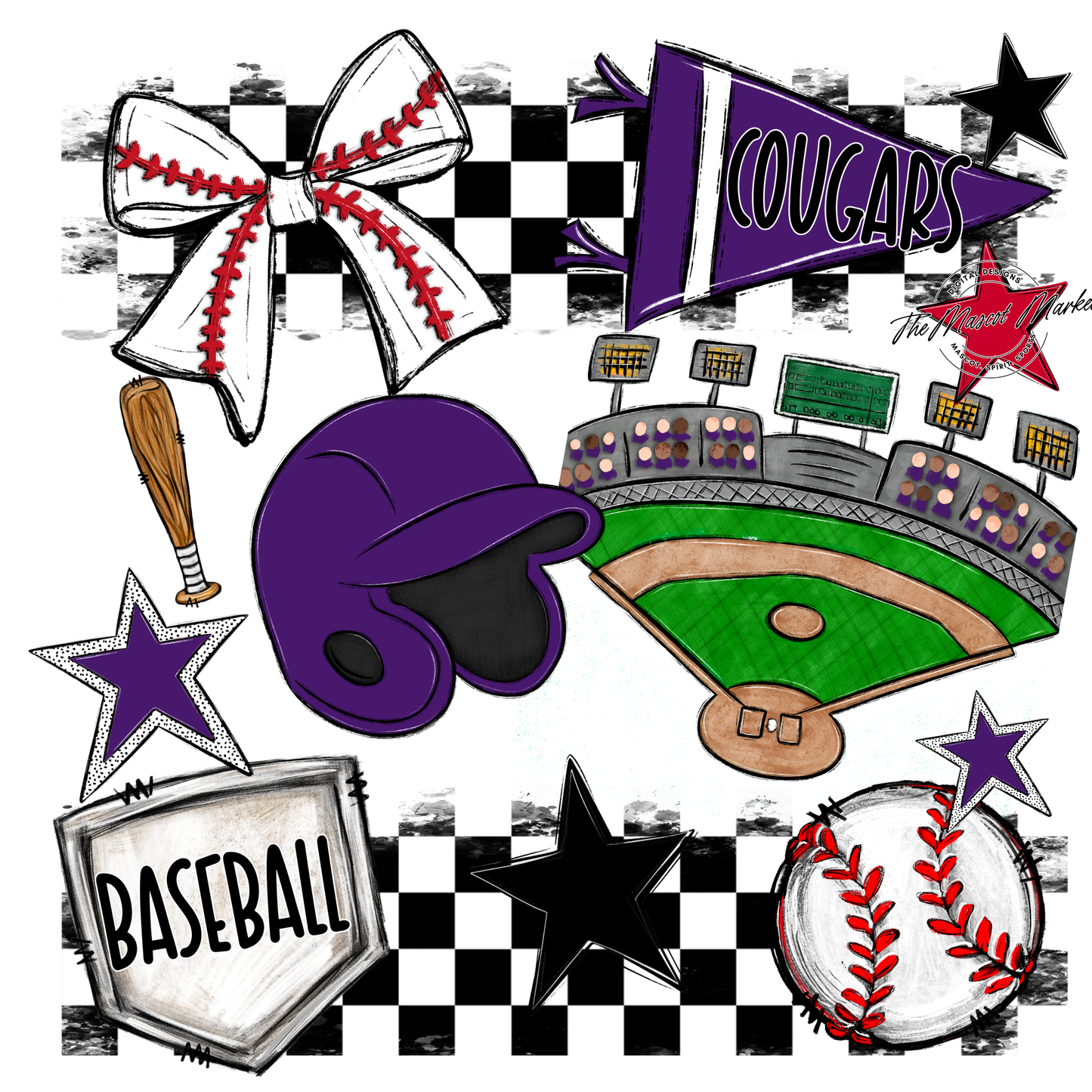 Cougars Checkers Baseball Spirit Design-Purple