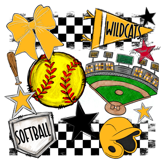 Wildcats Checkers Softball Spirit Design-Yellow