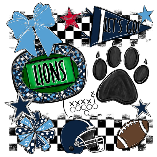Lions Checkers Mascot Spirit Design w Paw-Navy-Carolina Blue