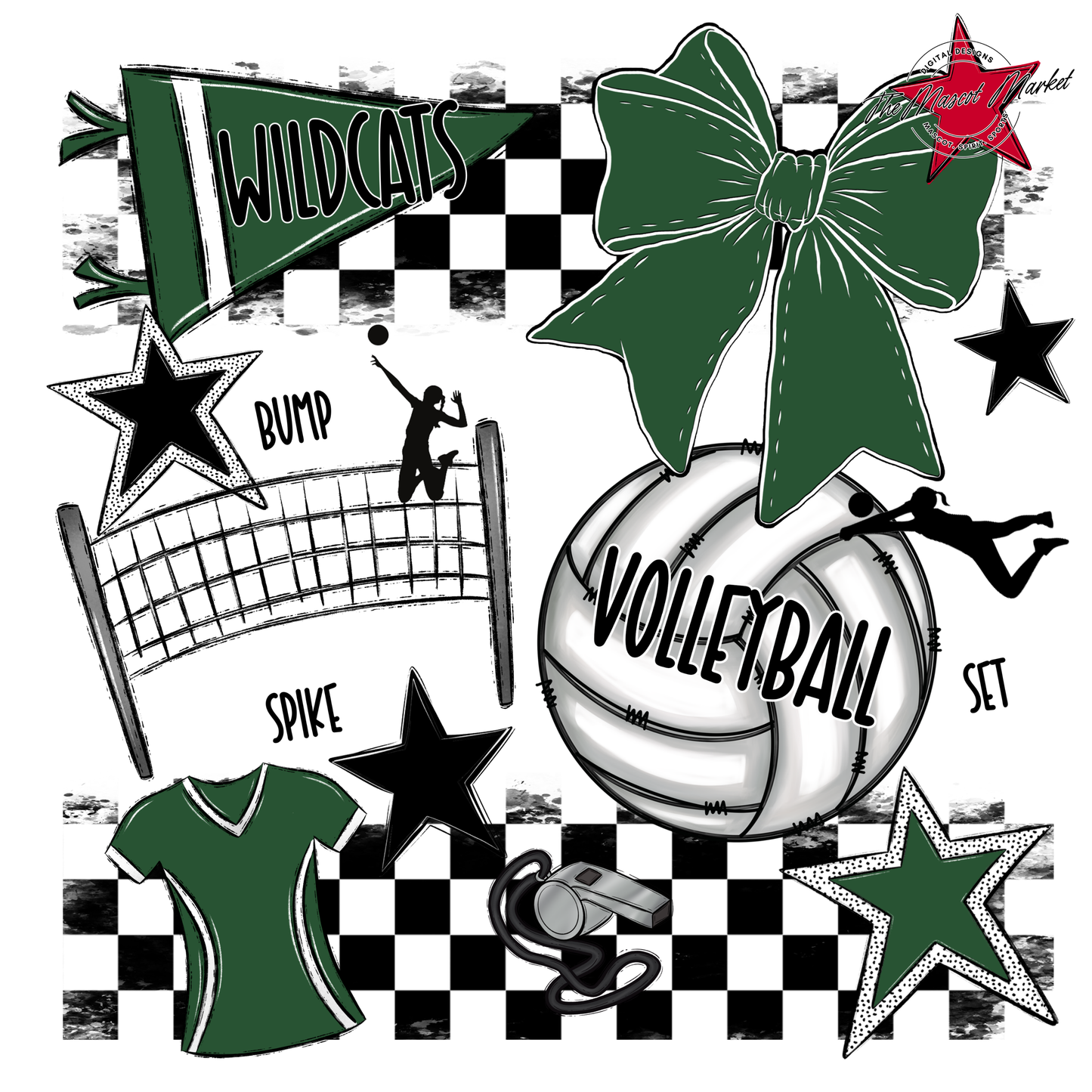 Wildcats Checkers Volleyball Spirit Design-Green