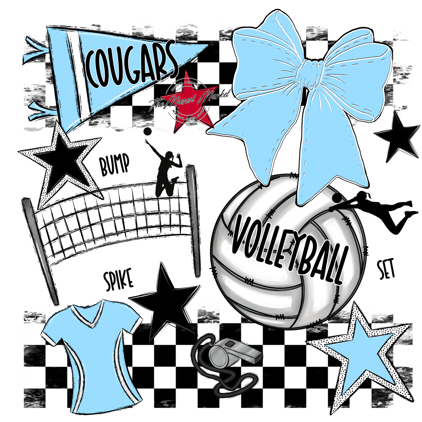 Cougars Checkers Volleyball Spirit Design-Columbia Blue