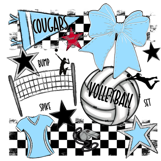 Cougars Checkers Volleyball Spirit Design-Columbia Blue