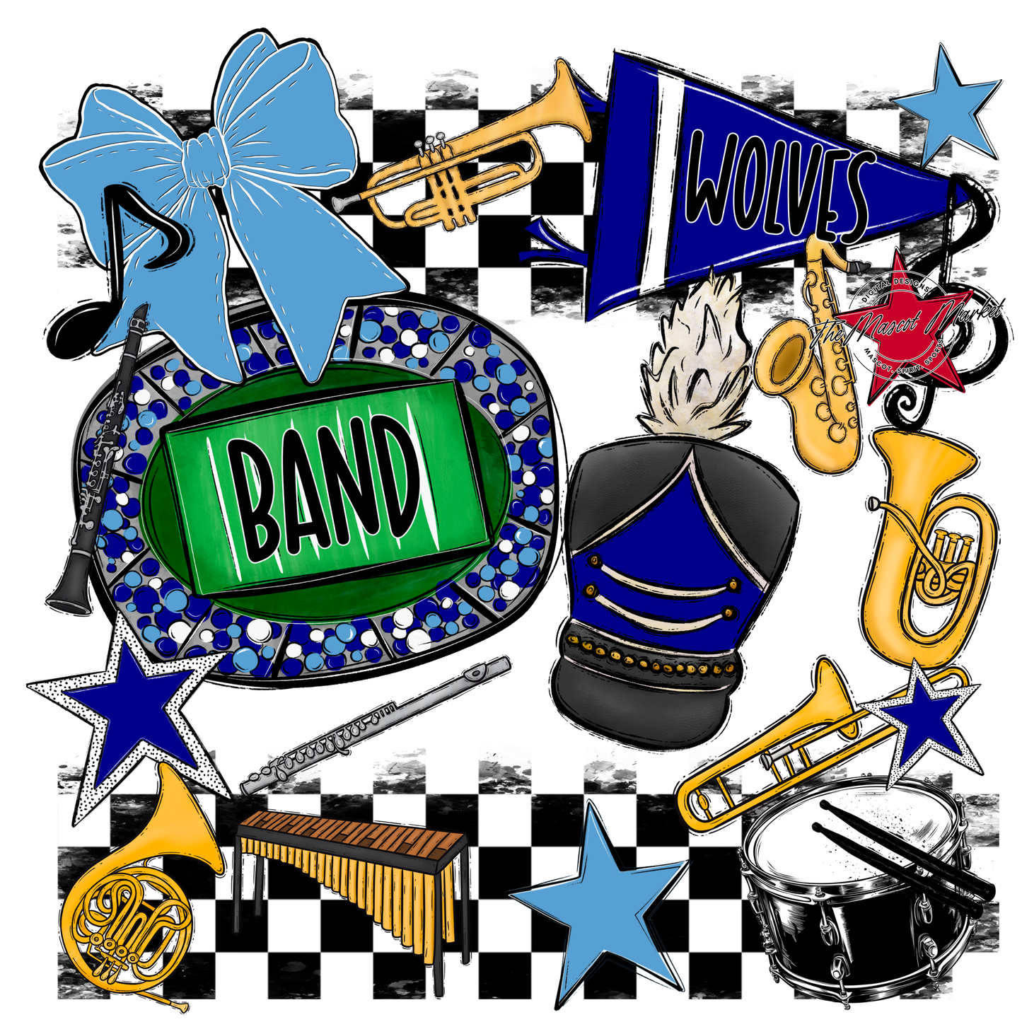 Wolves Checkers Band Spirit Design-Blue-Carolina Blue