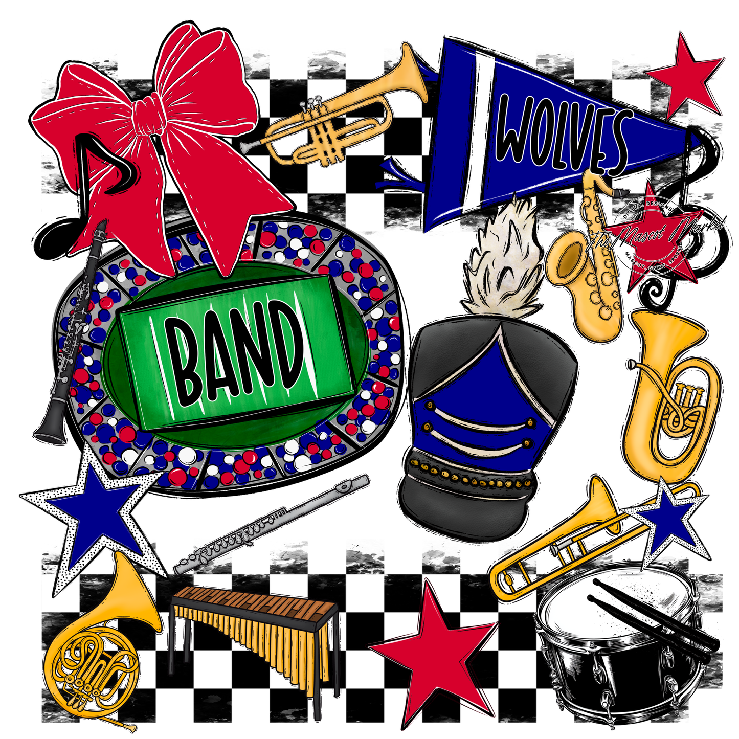 Wolves Checkers Band Spirit Design-Blue-Red