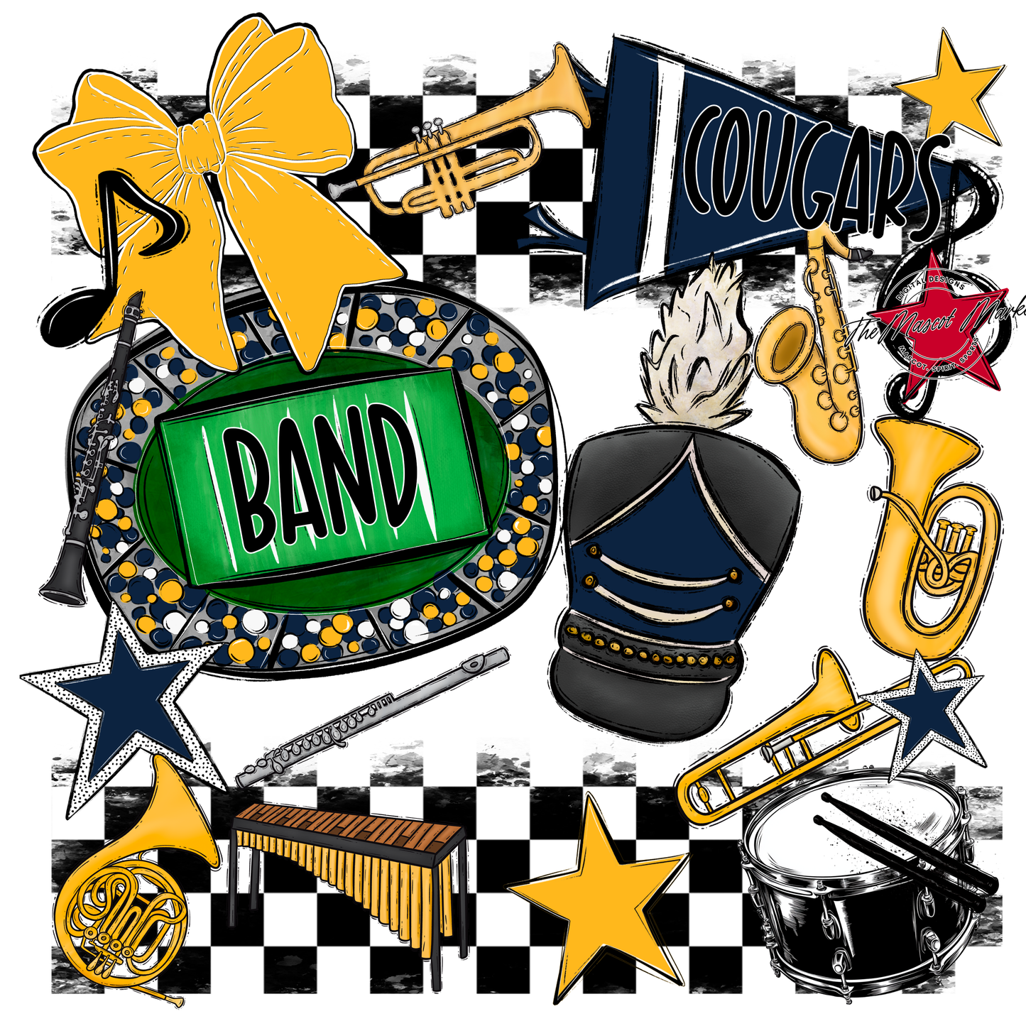Cougars Checkers Band Spirit Design-Navy-Yellow