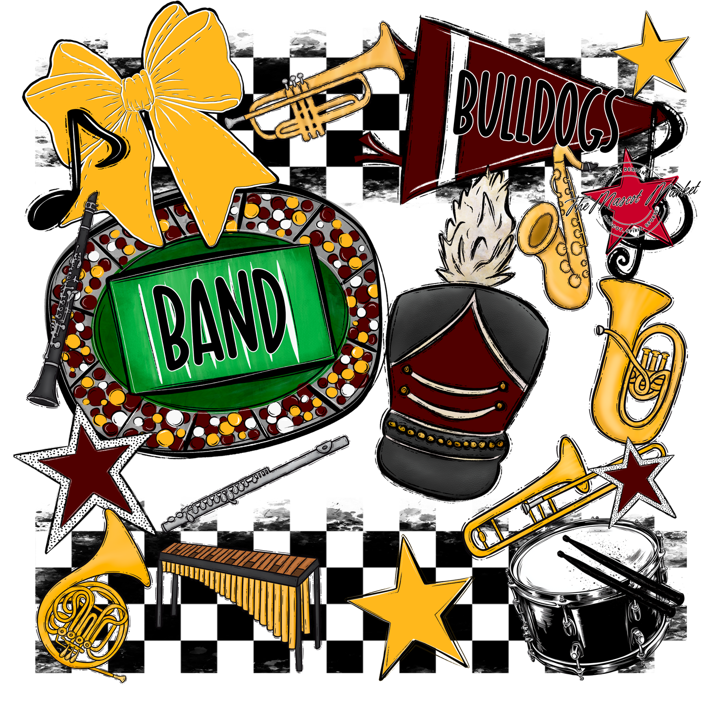 Bulldogs Checkers Band Spirit Design-Maroon-Yellow
