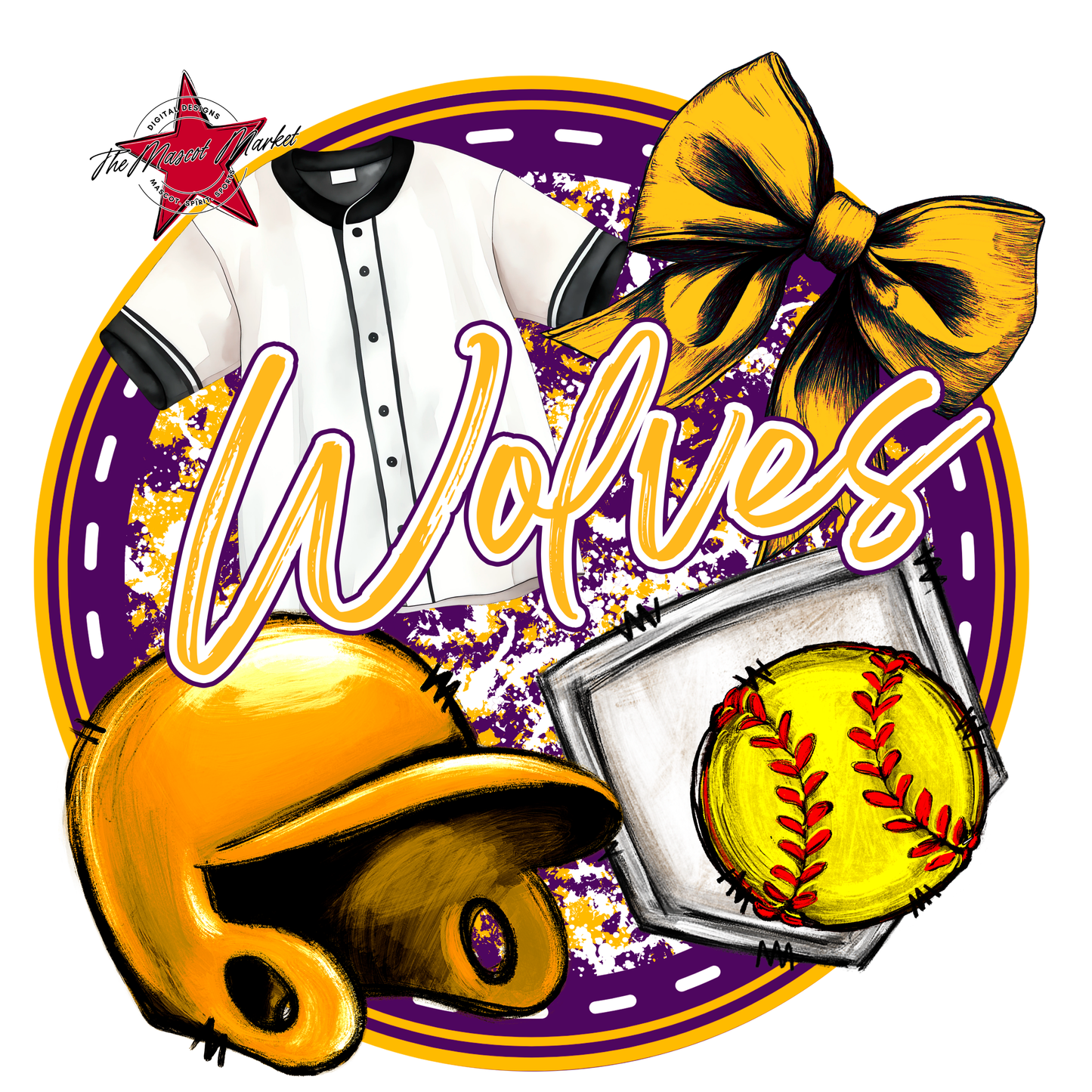 Wolves Circle Softball Design-Purple-Yellow