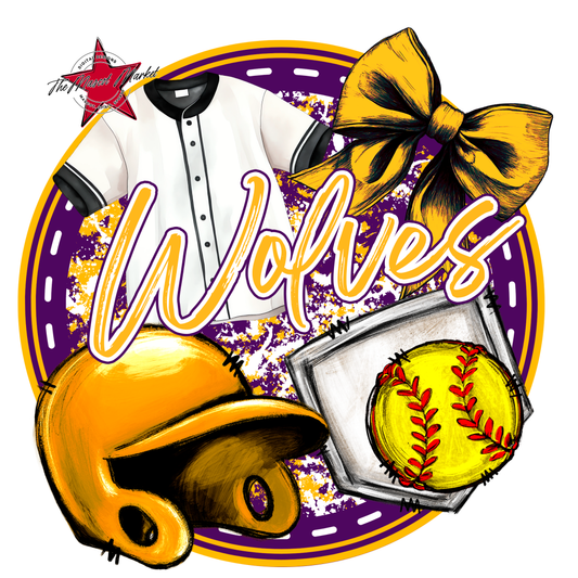 Wolves Circle Softball Design-Purple-Yellow