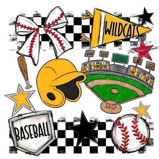 Wildcats Checkers Baseball Spirit Design-Yellow