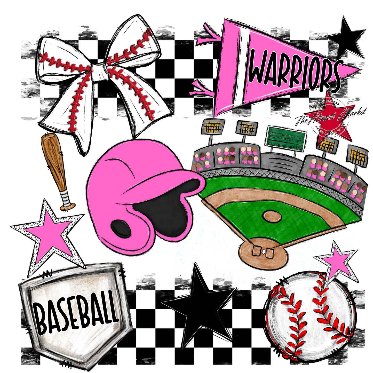 Warriors Checkers Baseball Spirit Design-Baby Pink