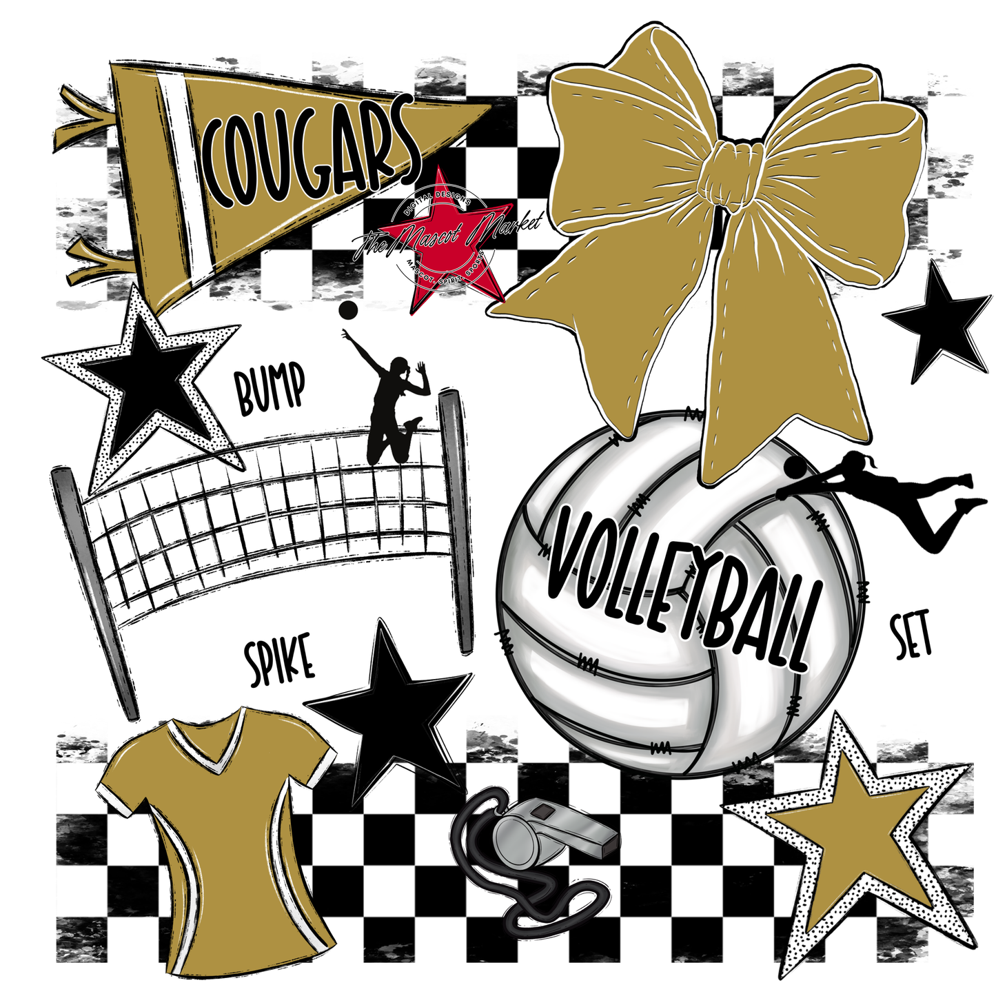 Cougars Checkers Volleyball Spirit Design-Gold
