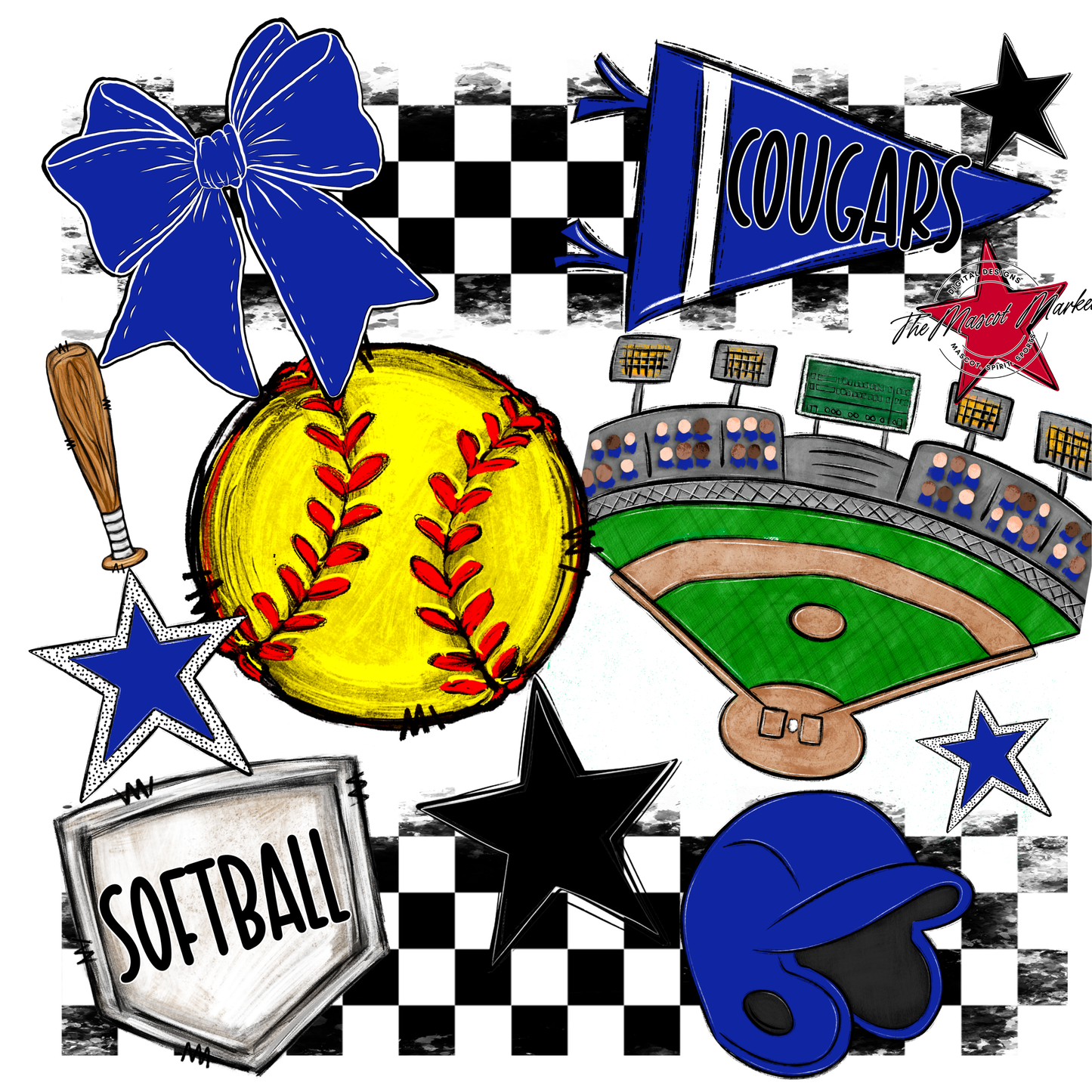Cougars Checkers Softball Spirit Design-Royal Blue