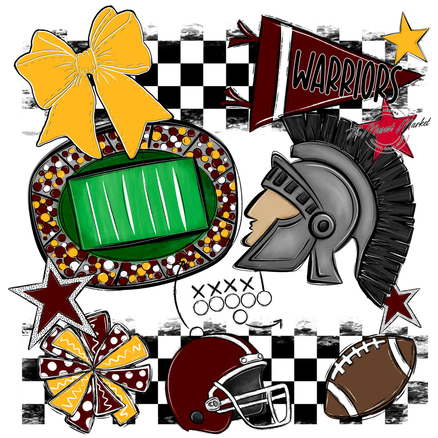 Warriors Checkers Mascot Spirit Design-Maroon-Yellow