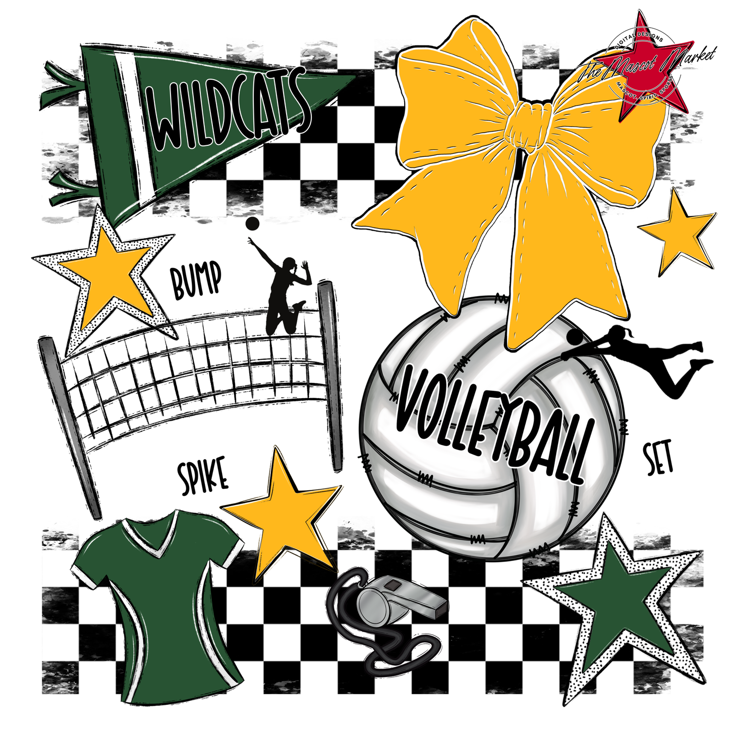 Wildcats Checkers Volleyball Spirit Design-Green-Yellow