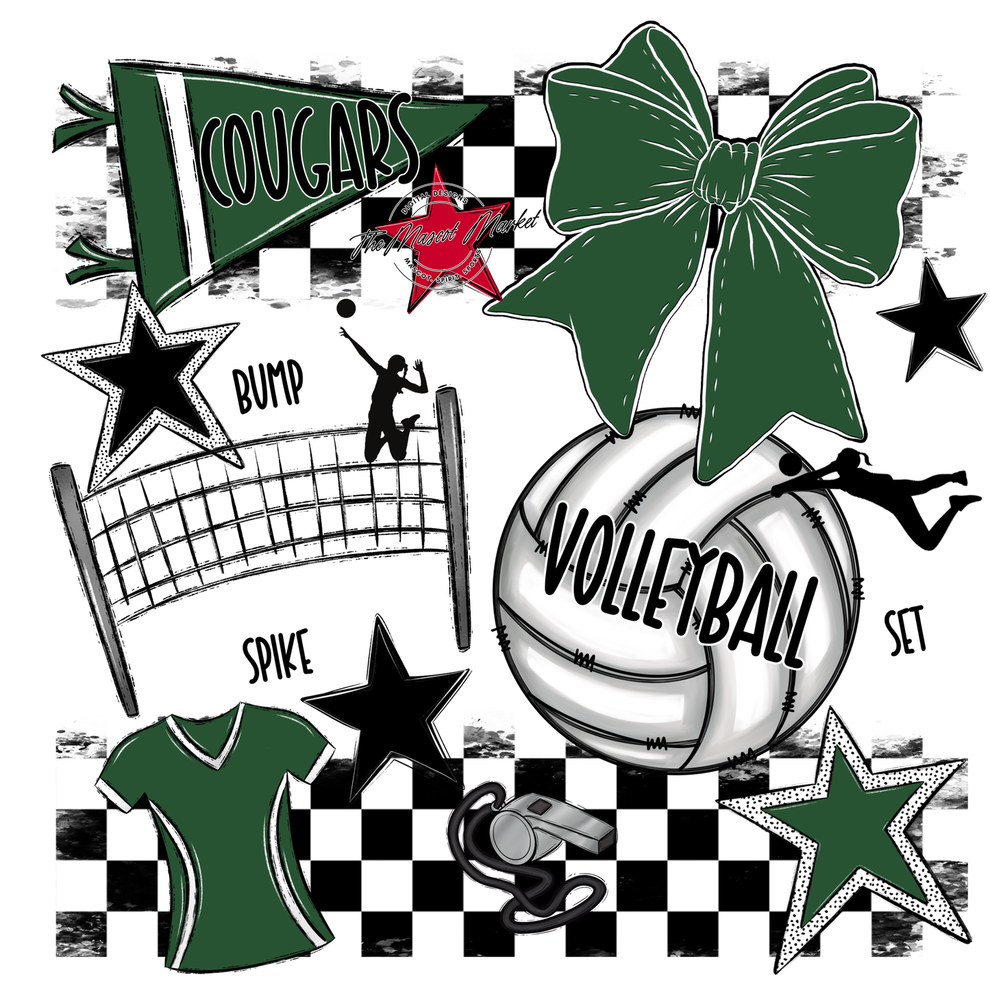Cougars Checkers Volleyball Spirit Design-Green