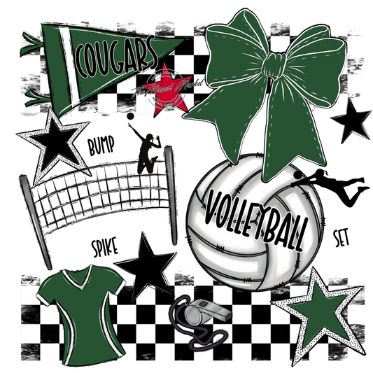 Cougars Checkers Volleyball Spirit Design-Green