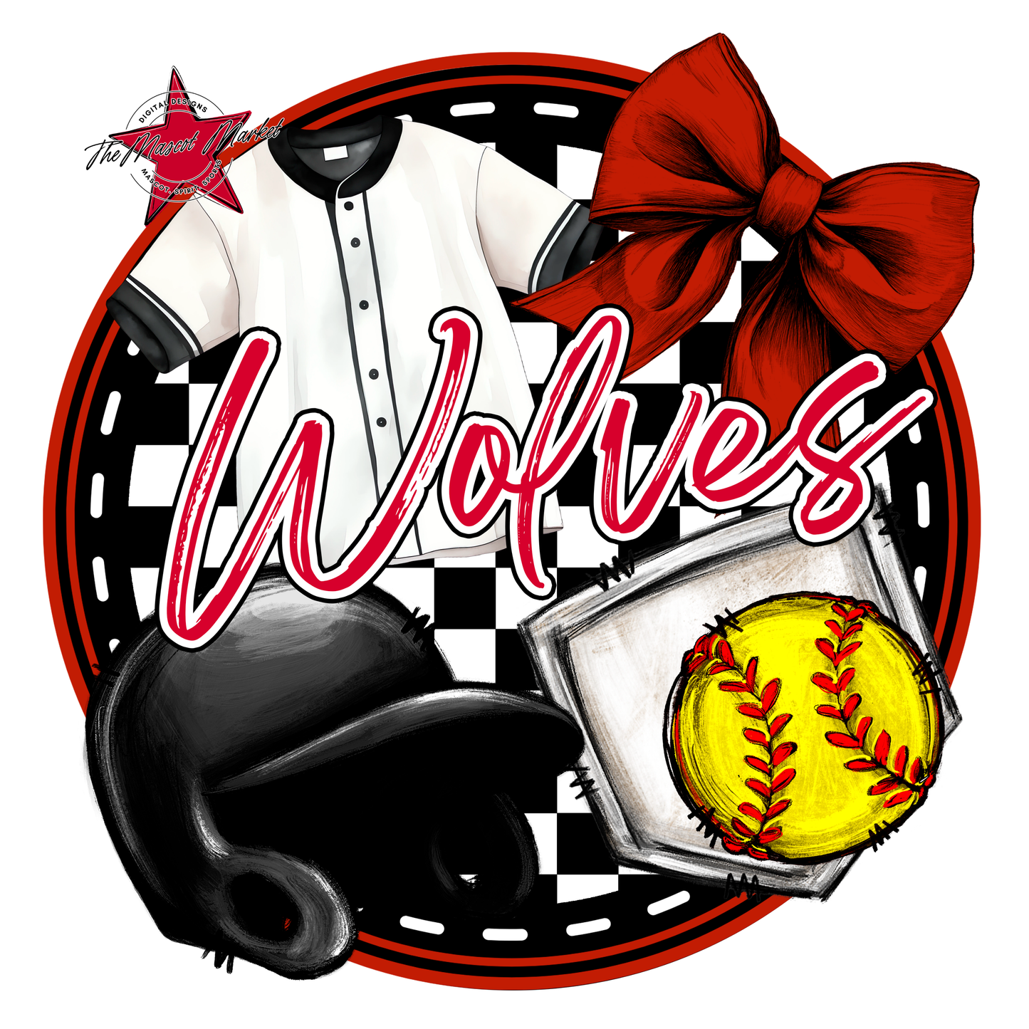 Wolves Circle Softball Design-Red