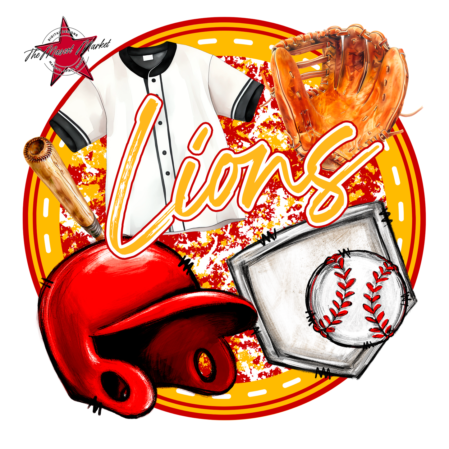 Lions Circle Baseball Design-Red-Yellow