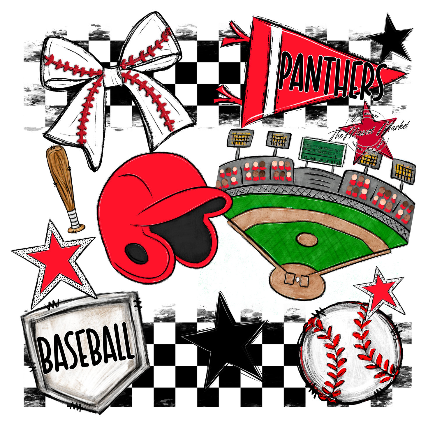 Panthers Checkers Baseball Spirit Design-Bright Red