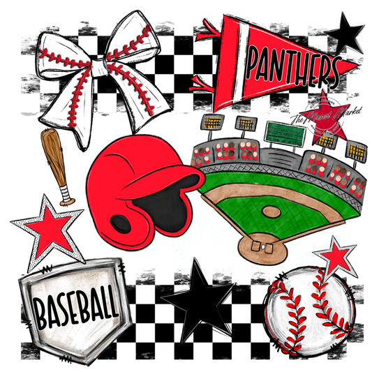 Panthers Checkers Baseball Spirit Design-Bright Red