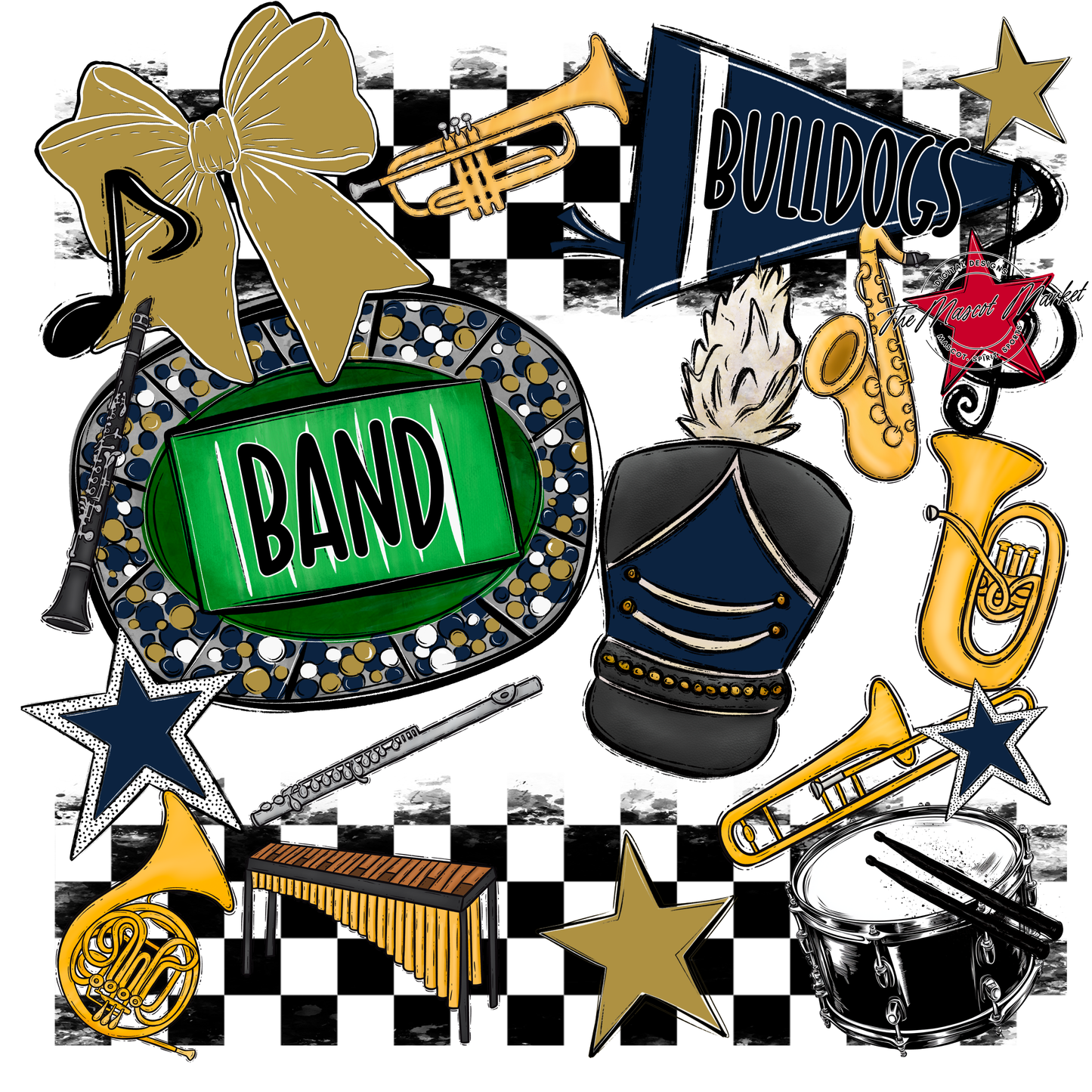 Bulldogs Checkers Band Spirit Design-Navy-Gold