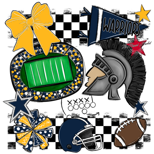 Warriors Checkers Mascot Spirit Design-Navy-Yellow