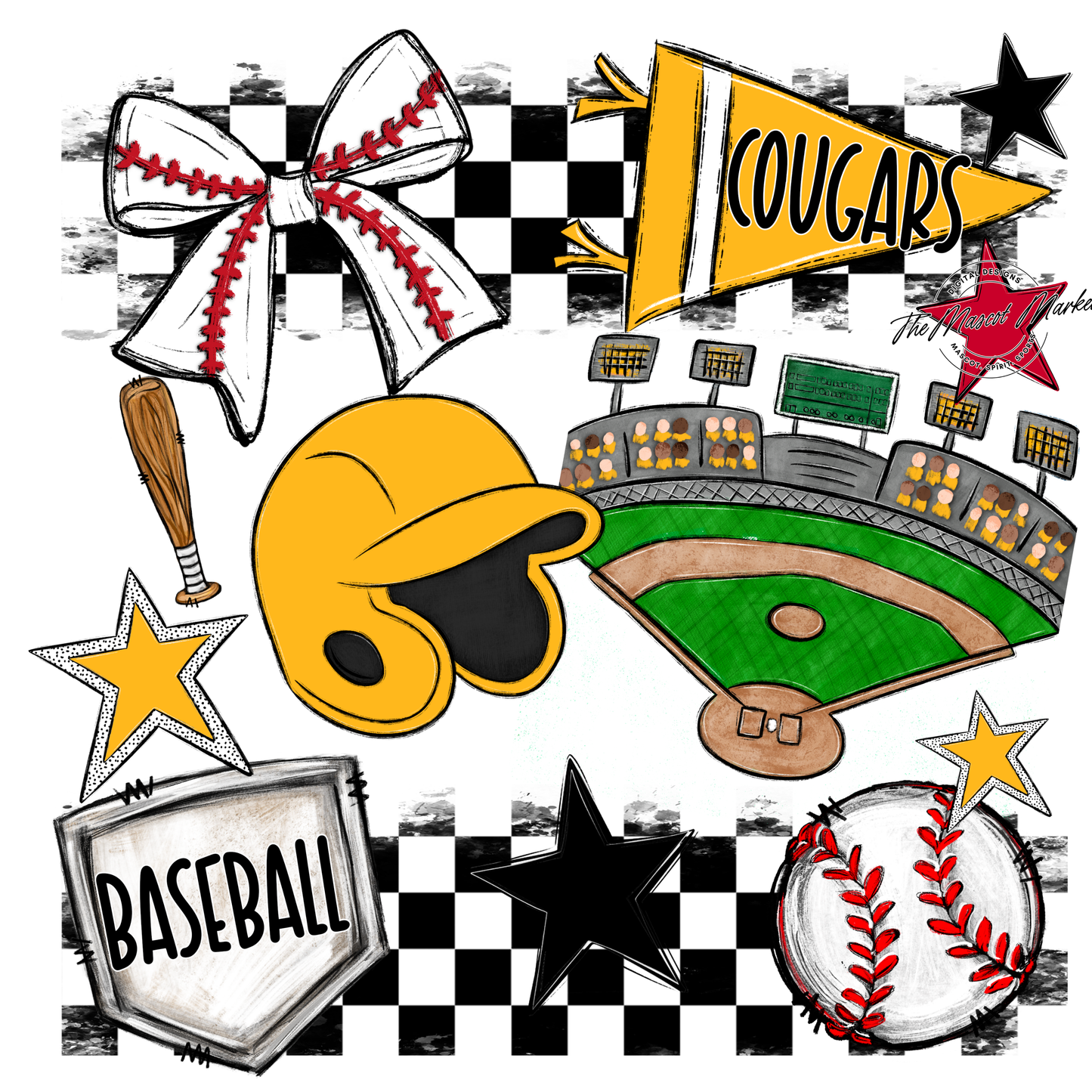 Cougars Checkers Baseball Spirit Design-Yellow