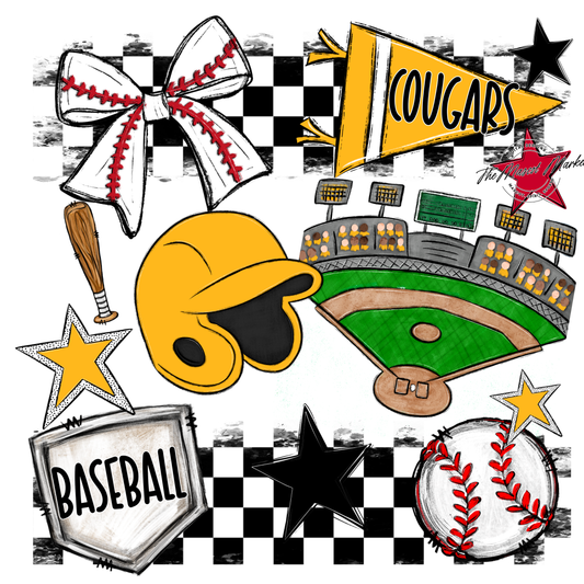 Cougars Checkers Baseball Spirit Design-Yellow