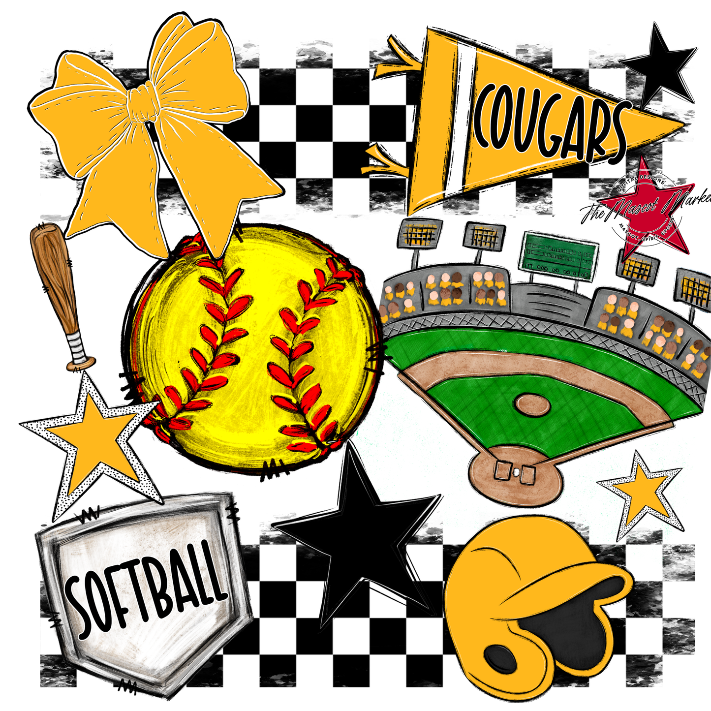 Cougars Checkers Softball Spirit Design-Yellow