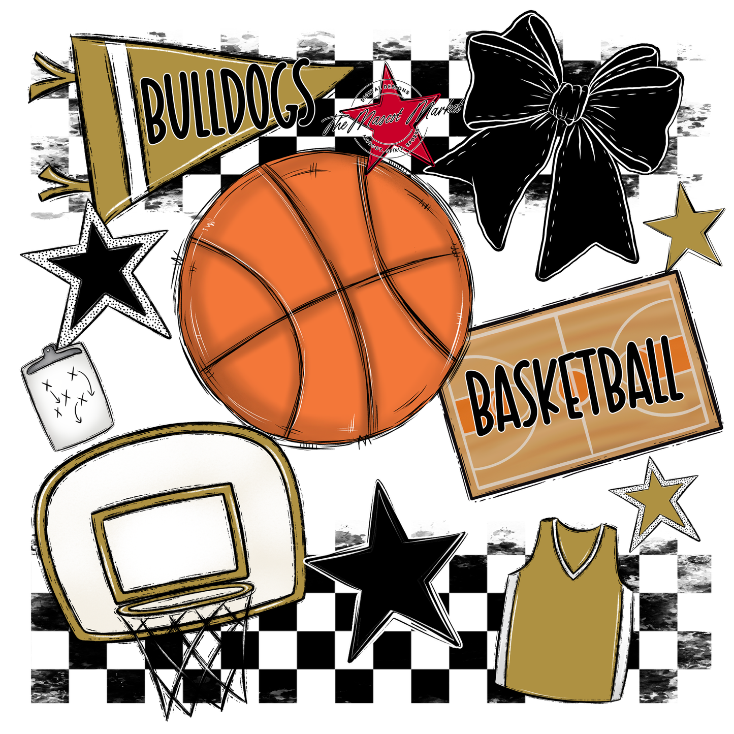 Bulldogs Checkers Basketball Spirit Design-Gold