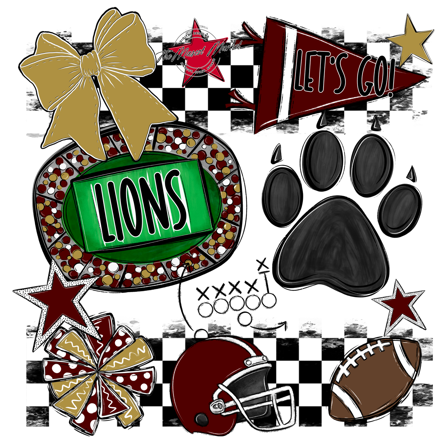 Lions Checkers Mascot Spirit Design w Paw-Maroon-Gold