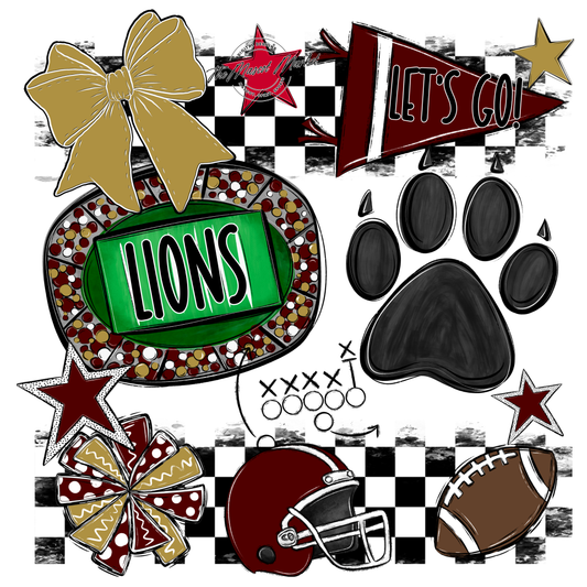 Lions Checkers Mascot Spirit Design w Paw-Maroon-Gold