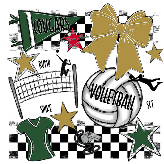 Cougars Checkers Volleyball Spirit Design-Green-Gold