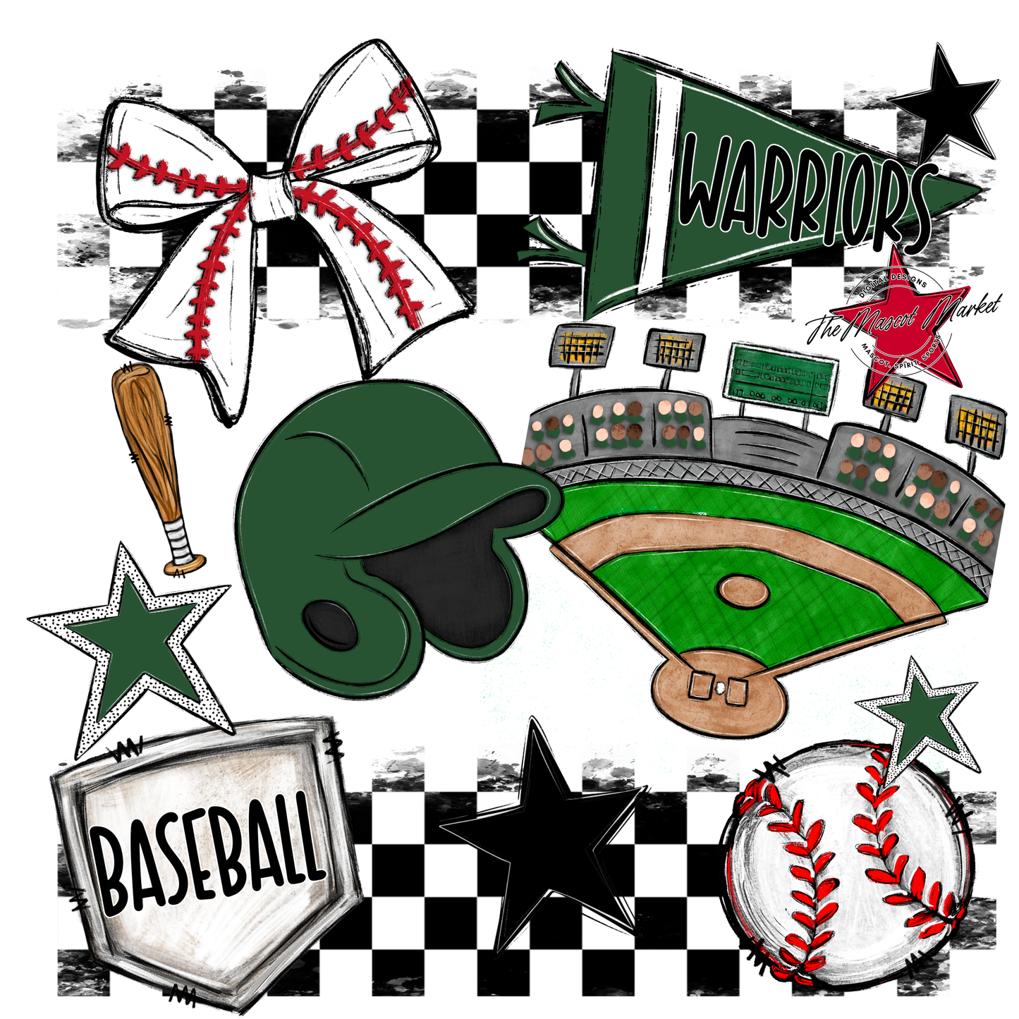 Warriors Checkers Baseball Spirit Design-Green