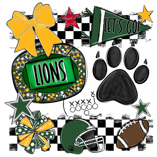 Lions Checkers Mascot Spirit Design w Paw-Green-Yellow