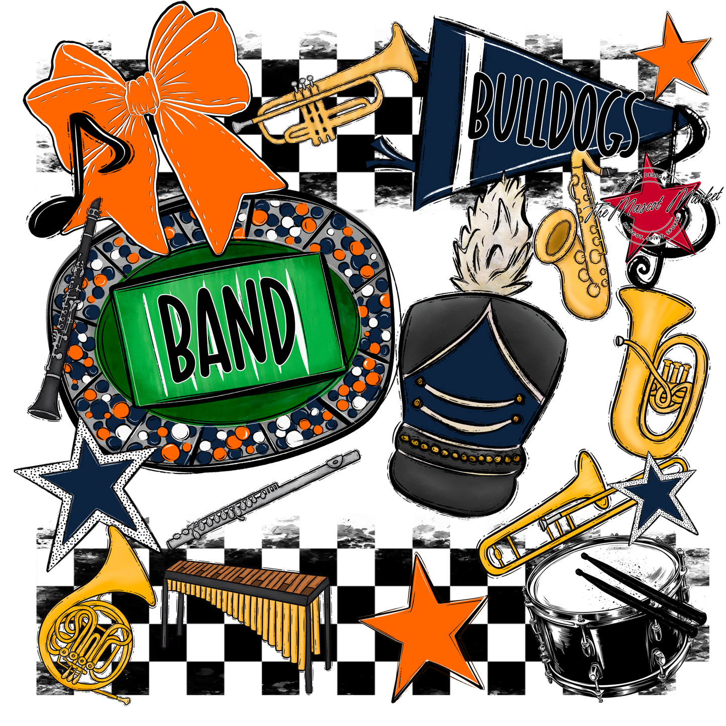 Bulldogs Checkers Band Spirit Design-Navy-Orange