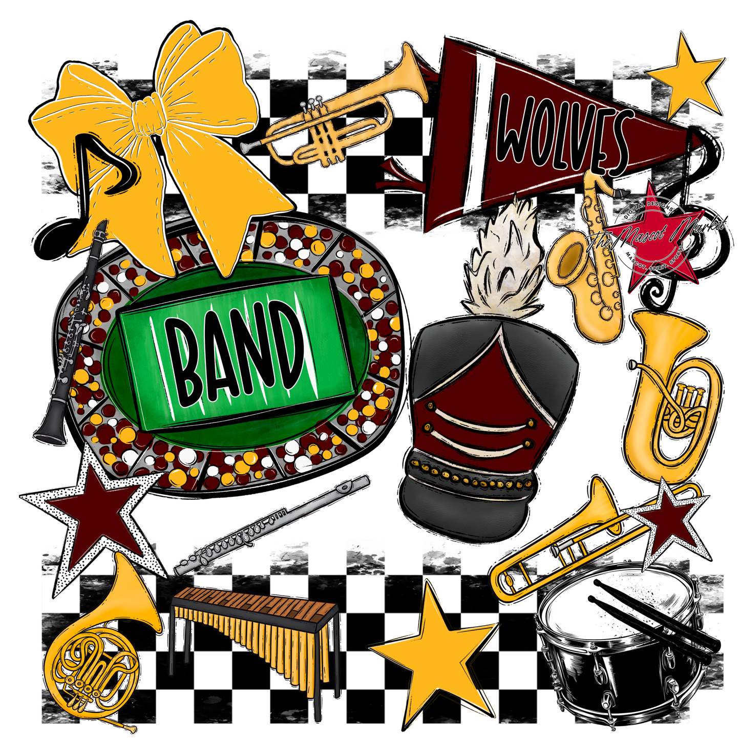 Wolves Checkers Band Spirit Design-Maroon-Yellow
