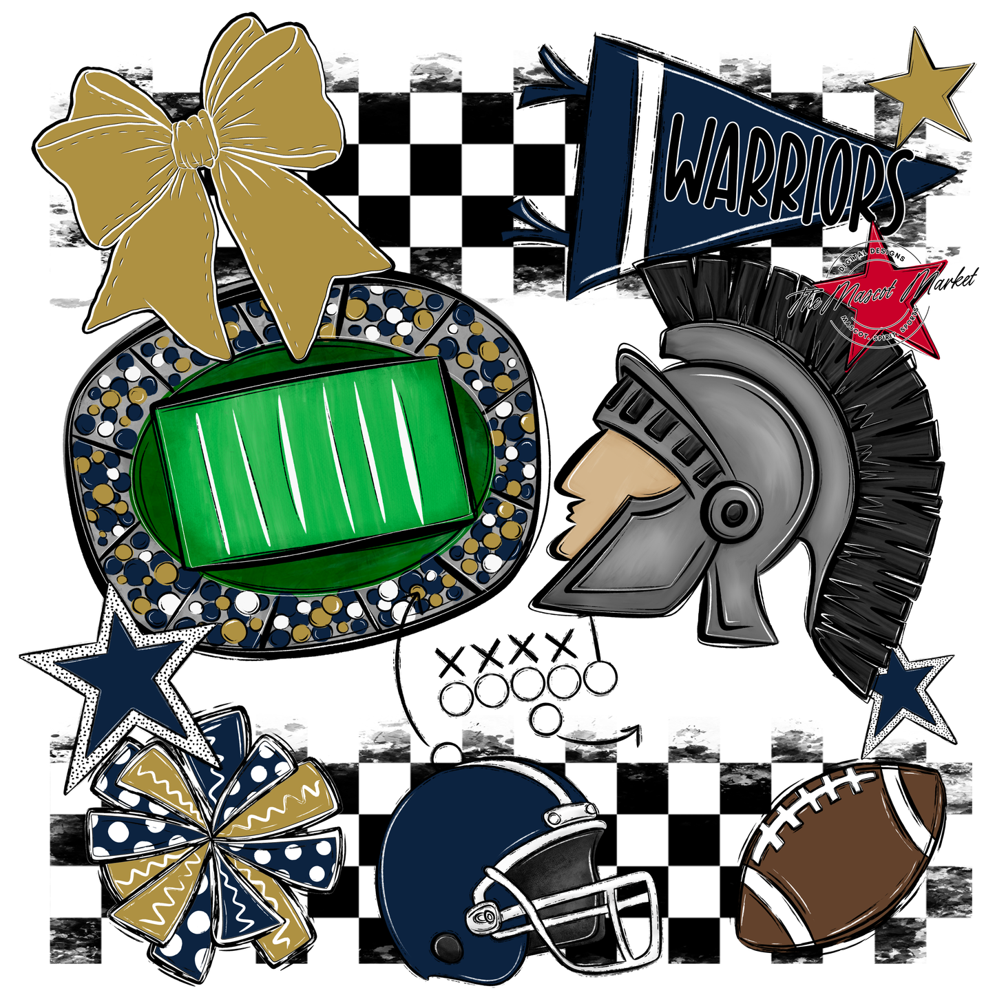 Warriors Checkers Mascot Spirit Design-Navy-Gold