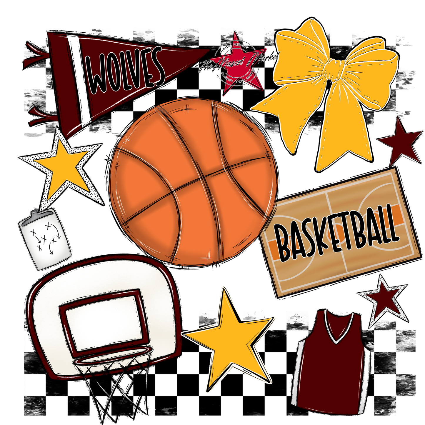Wolves Checkers Basketball Spirit Design-Maroon-Yellow